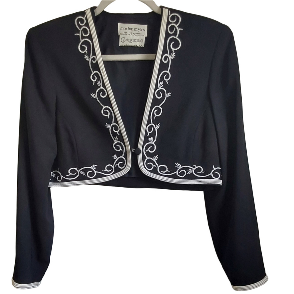 Vintage Morton Myles Black & White Embroidered Women's Bolero Jacket